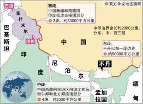 中印边间争端示意图